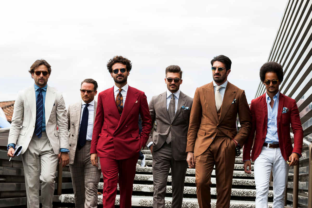 Group of men wearing suits at Pitti Uomo