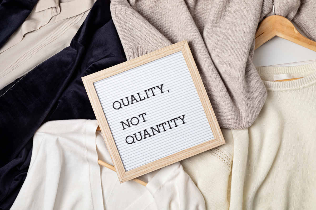 Flat lay of clothes and hangers; assortment of women's clothing. Second hand sustainable shopping; capsule minimal wardrobe; slow fashion idea; quality not quantity concept